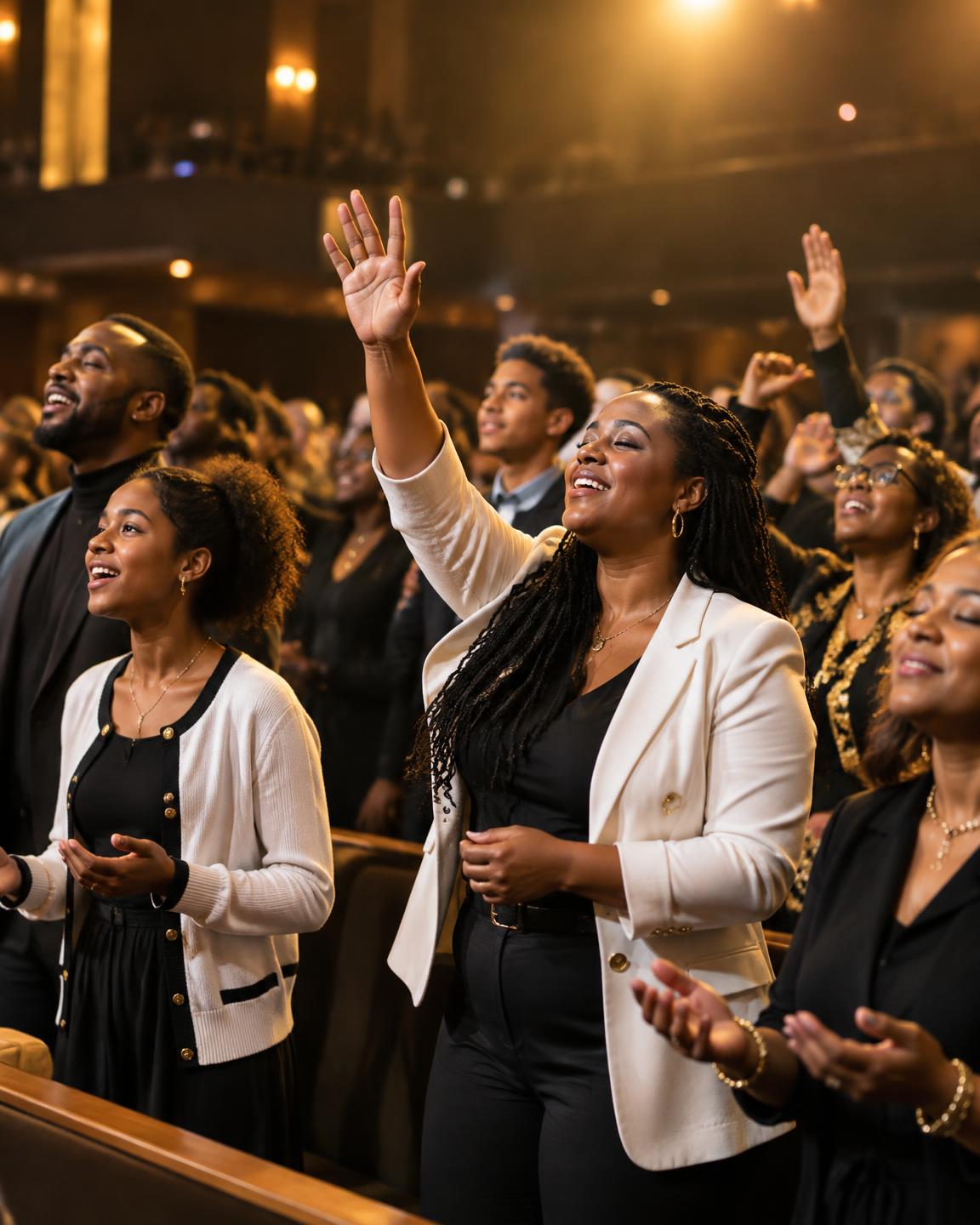 Good Life Bible Fellowship congregation worshipping with hands raised in warm golden light